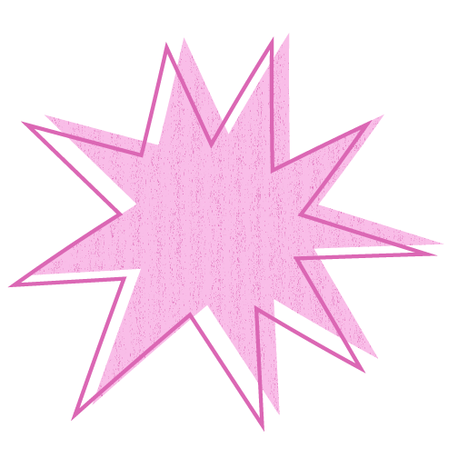 Pink comic-style explosion shape with black outline.