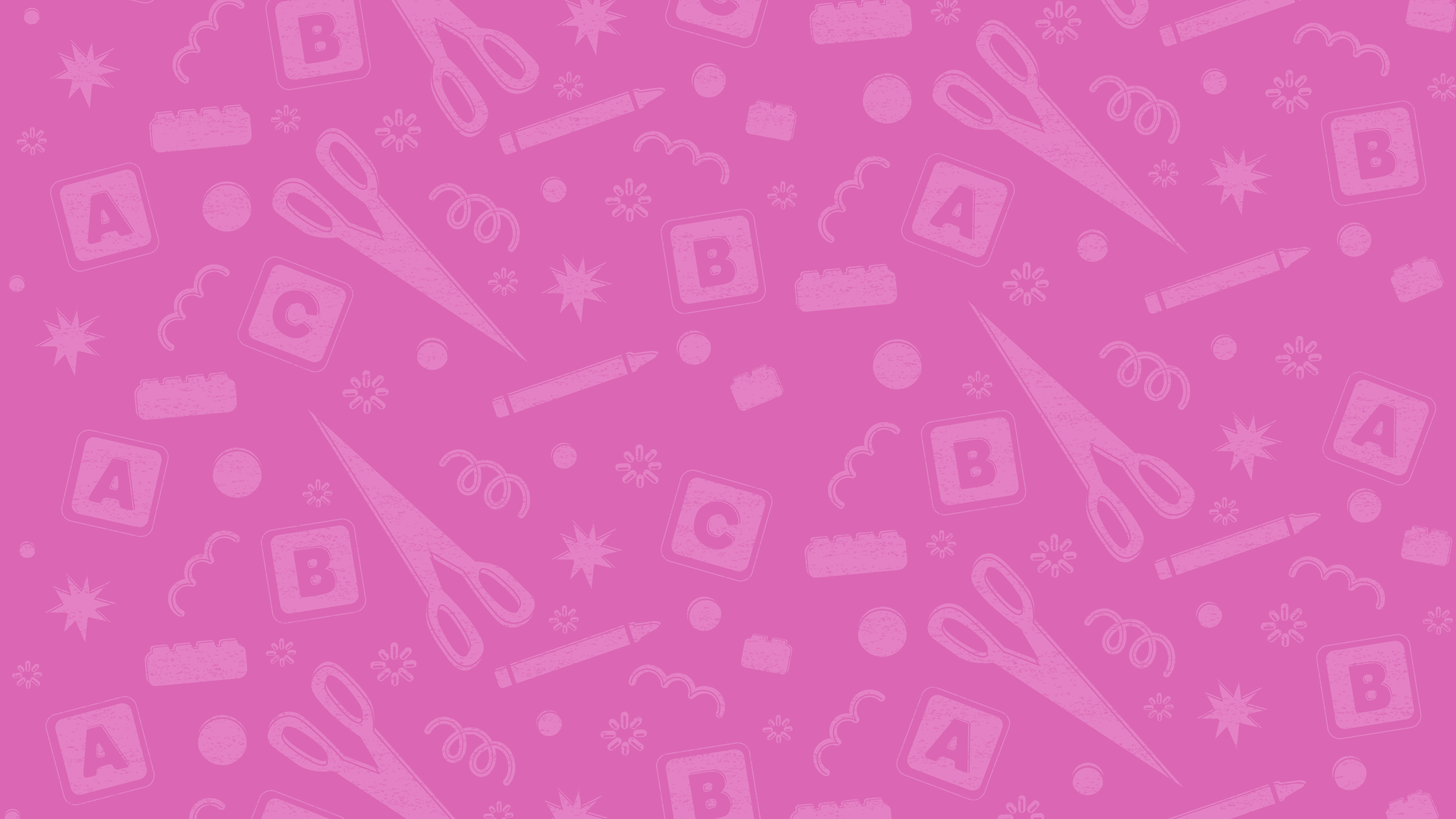Pink background with educational-themed doodles, including alphabet blocks, scissors, and pens.