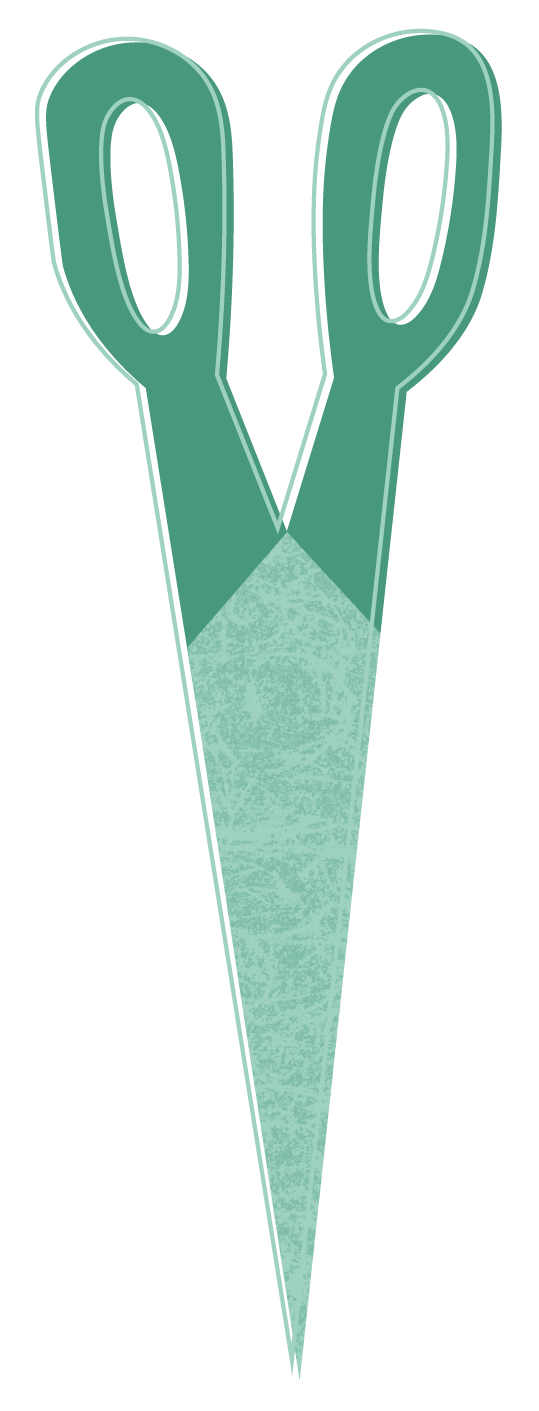 Green scissors illustrated with handles forming the shape of the letter 'Y'.