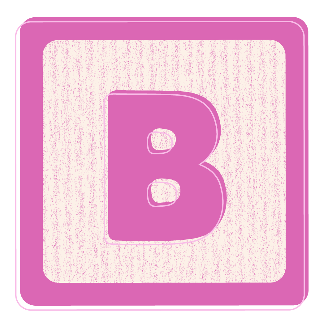 Stylized pink letter 'B' on a pink and cream background.