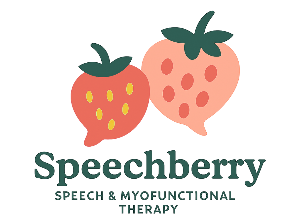 Logo with two strawberries, one whole and one sliced, with leaves on top. The text reads "Speechberry" with a tagline "Speech & MMOFunctional Therapy."