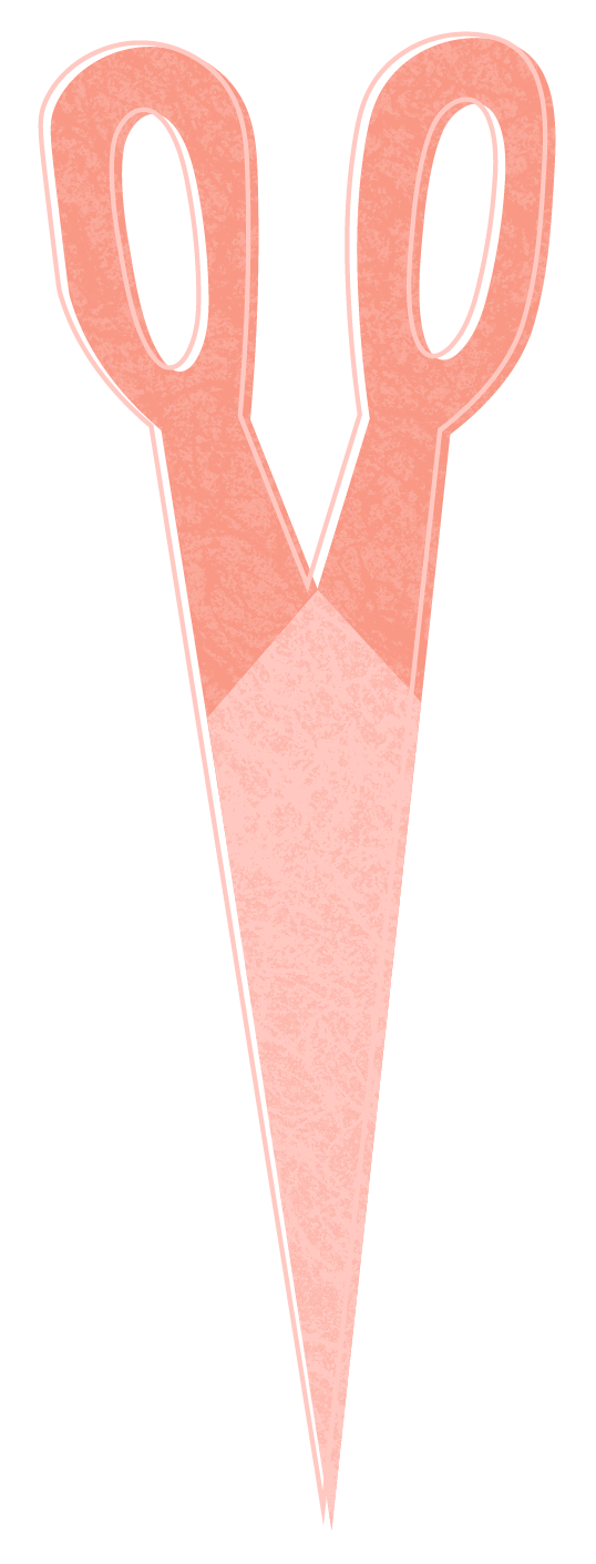 Illustration of pink scissors with black outlines, pointing downward.
