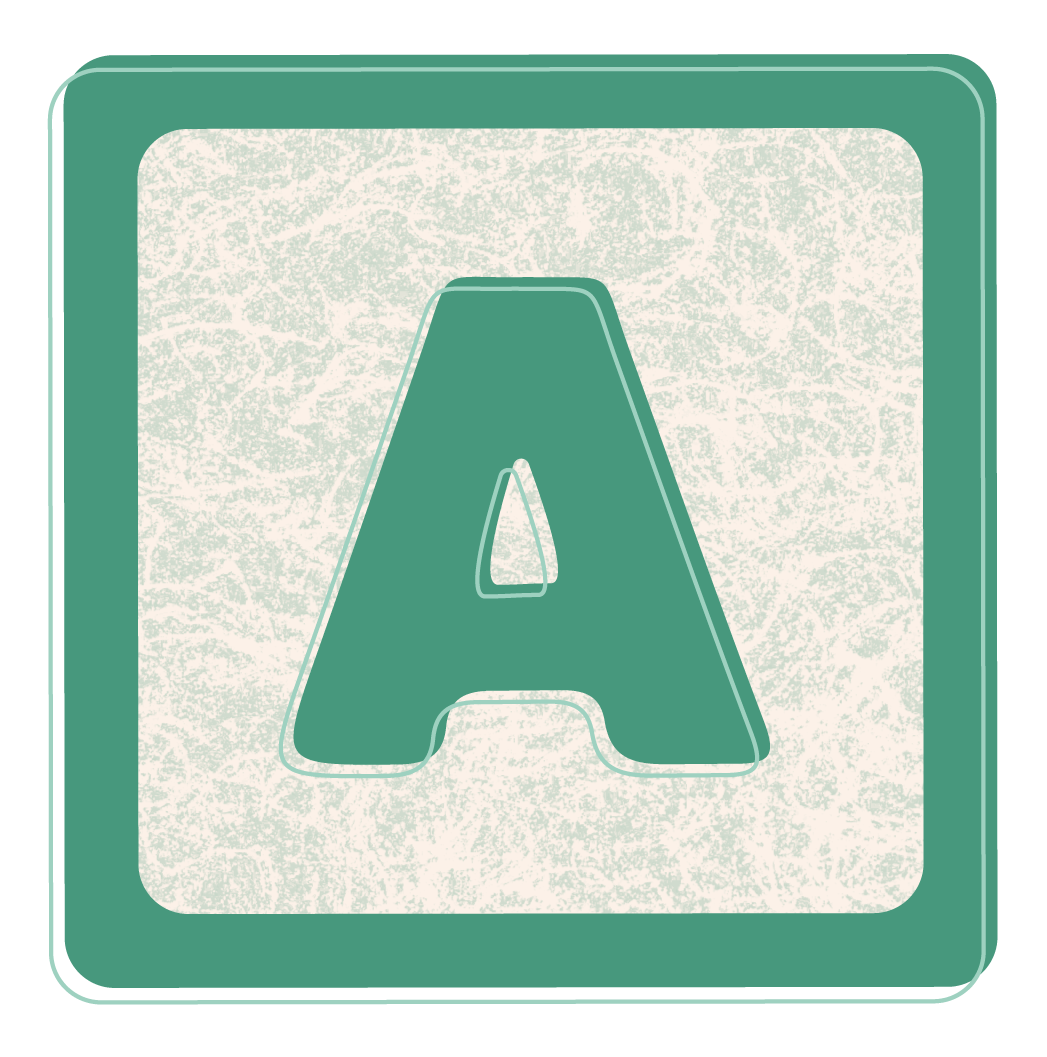 A large uppercase letter A in green with white outlines, set against a textured light background inside a square with rounded corners.
