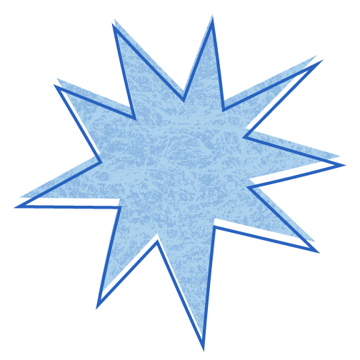 Blue comic-style explosion shape on black background.