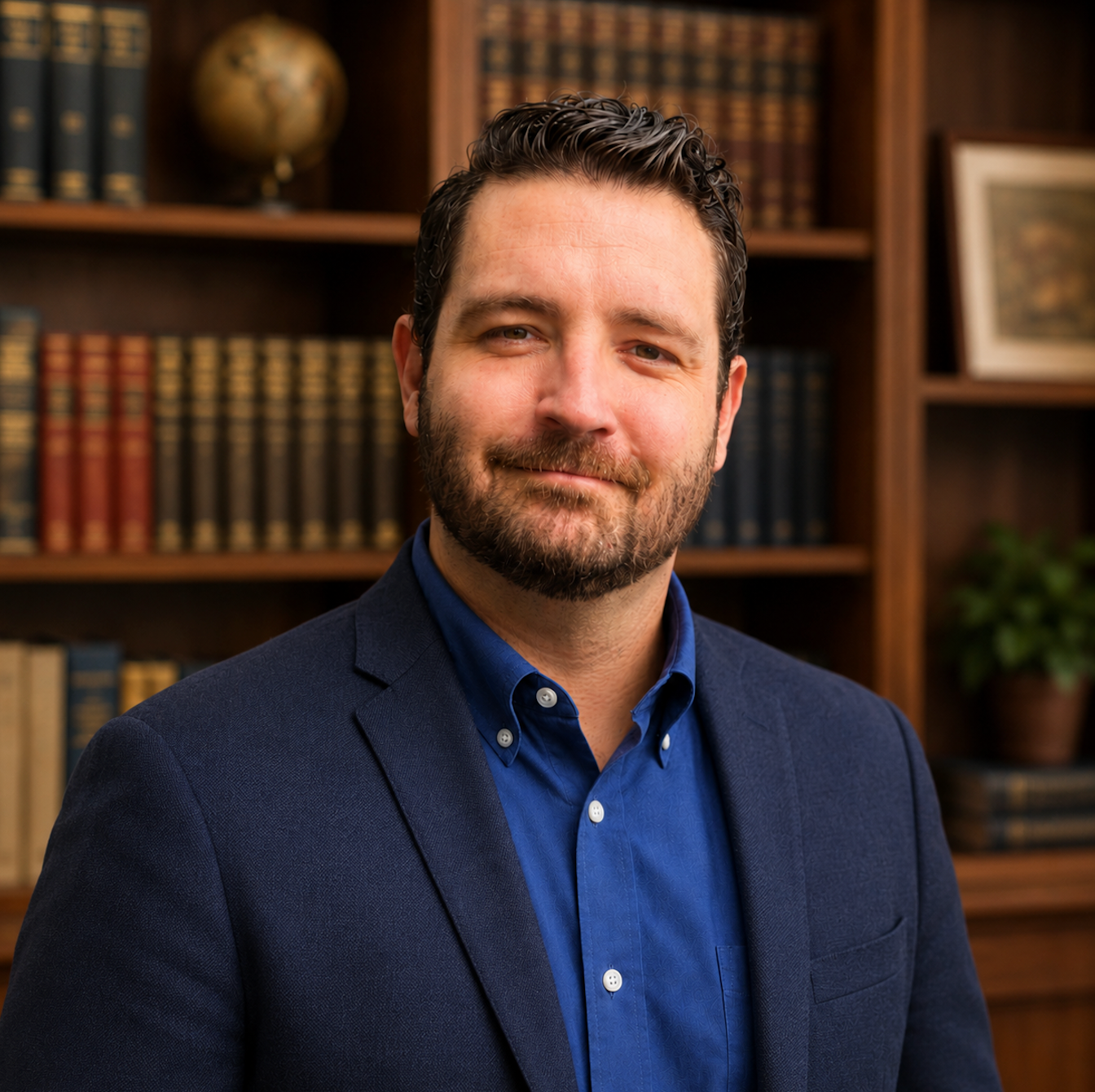 A man with a beard and dark hair, wearing a blue dress shirt and a dark blazer, stands in front of a wooden bookshelf filled with books and a globe.