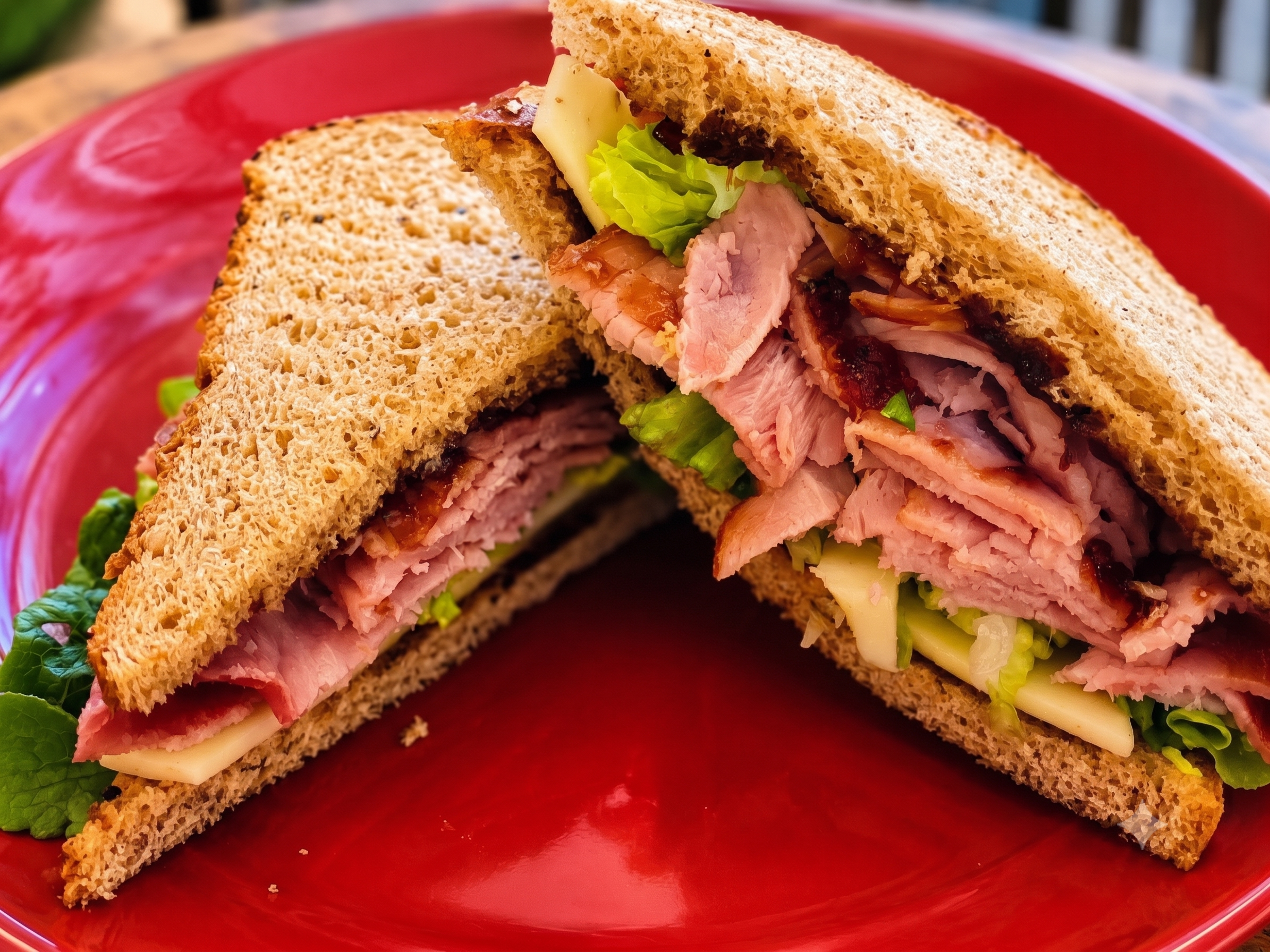 Close-up of a sliced sandwich with turkey, cheese, lettuce, tomato, and bacon on whole wheat bread in a red bowl.