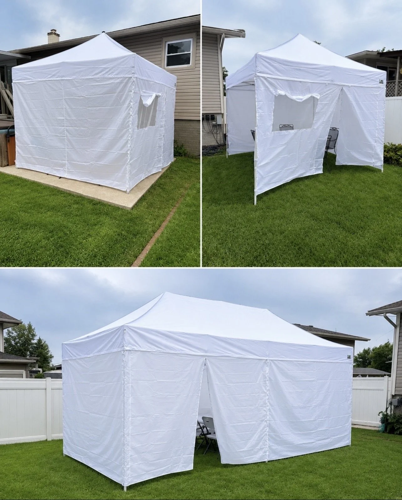 A white outdoor event tent set up in a backyard, shown from different angles in three images, with a house, grass, and sky in the background.