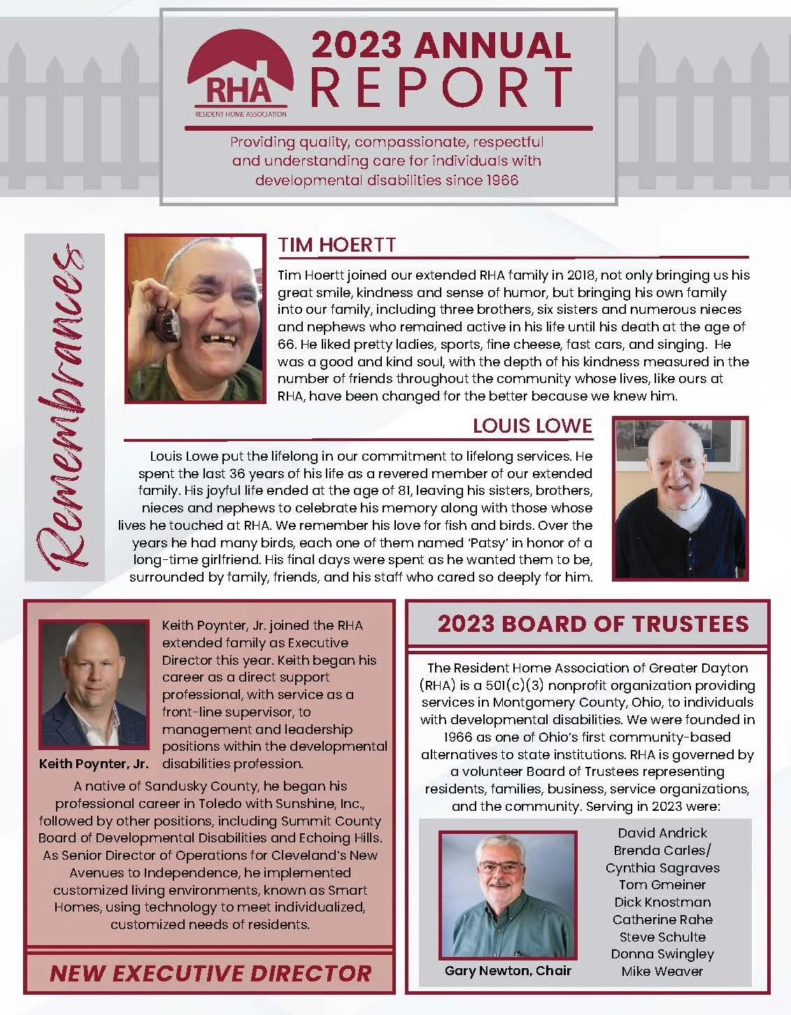 2023 annual report cover page for Resident Home Association featuring photos and biographies of Tim Hoertt, Louis Lowe, Keith Poynter Jr., and Gary Newton, with organizational information and board members list.
