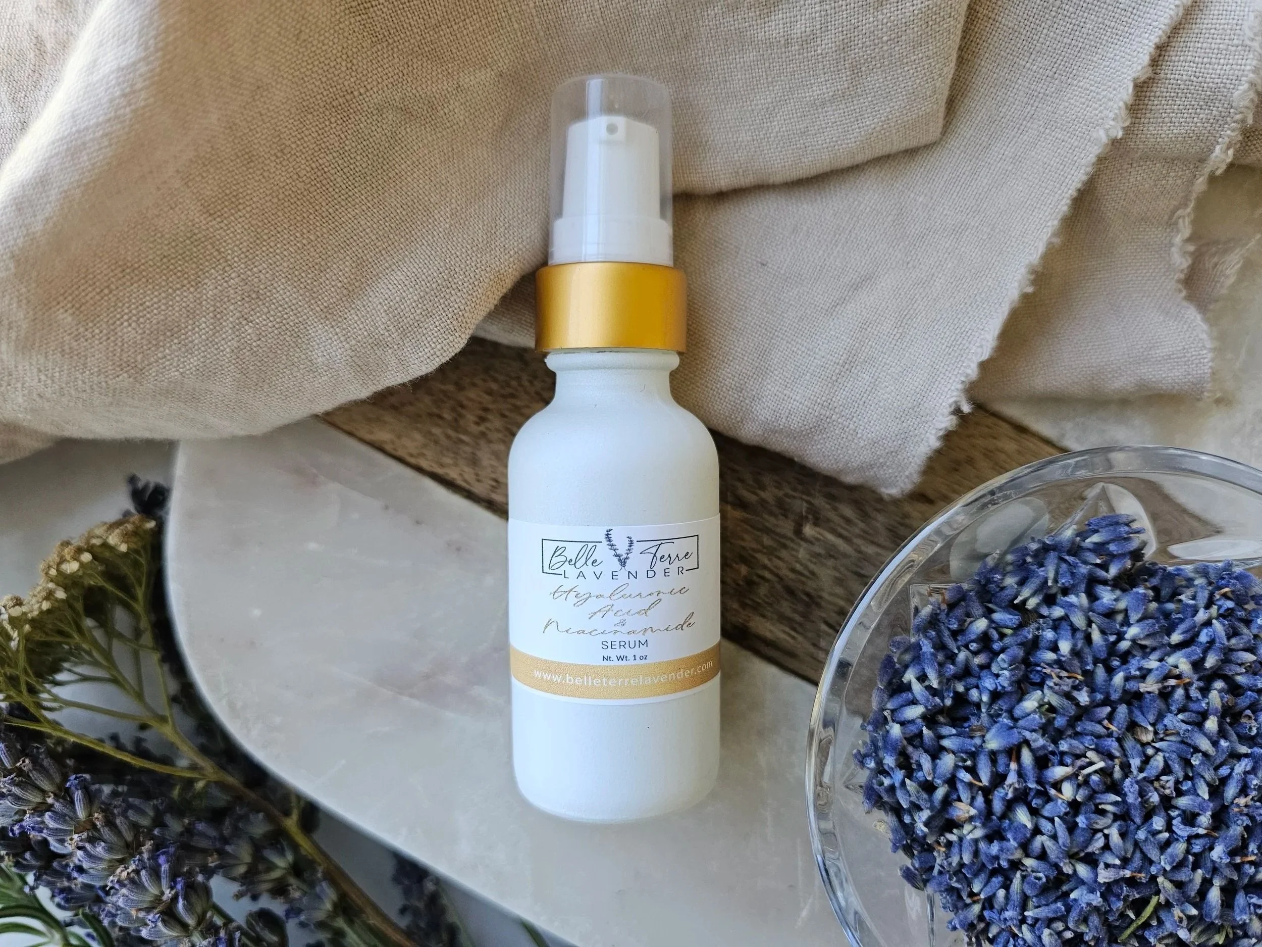 Belle Terre Lavender Hyaluronic Acid and Niacinamide Serum with dried lavender