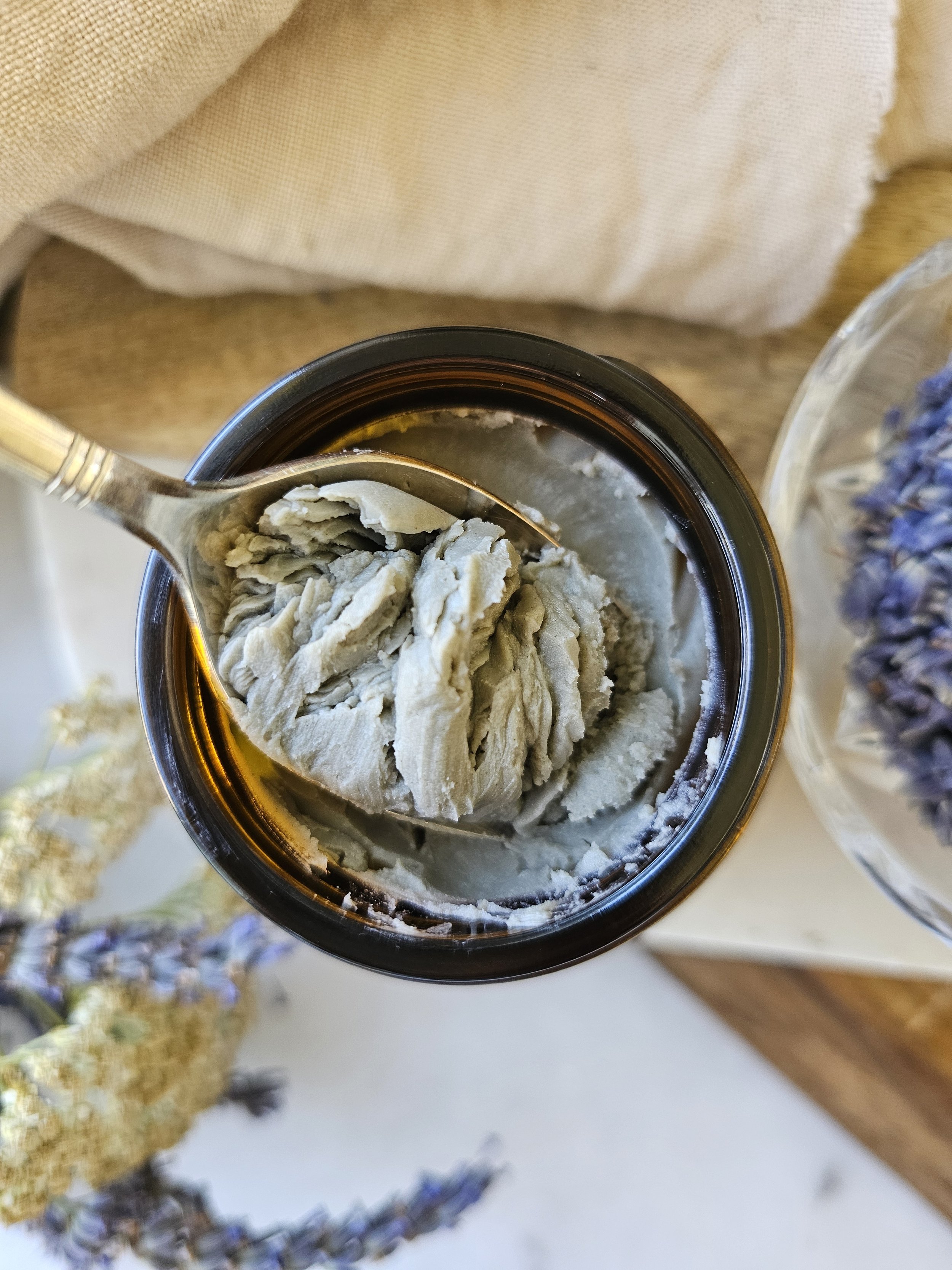 Belle Terre Lavender French Green Clay Cleansing Balm scooped from jar