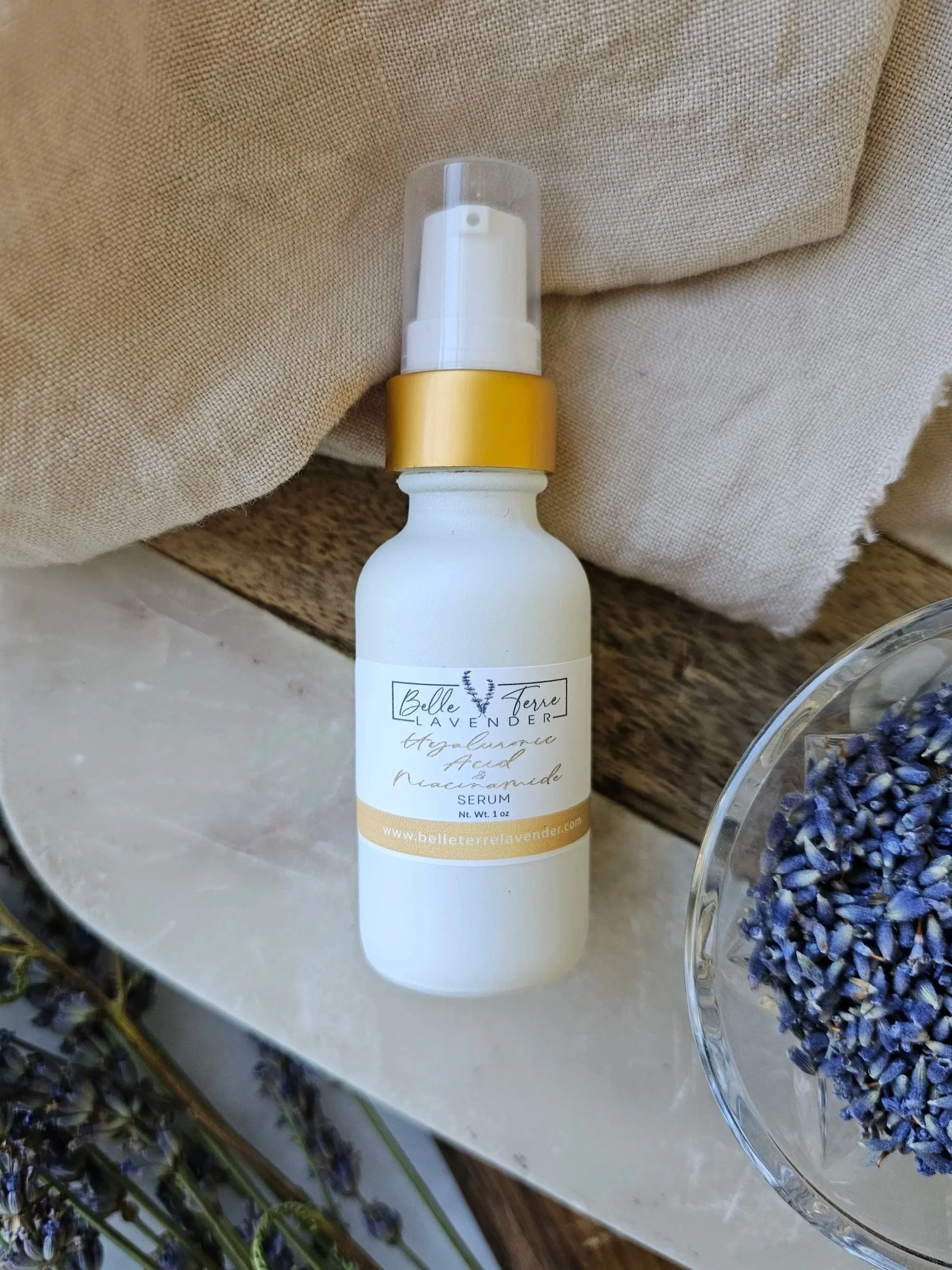 Belle Terre Lavender Hyaluronic Acid and niacinamide serum with dried lavender