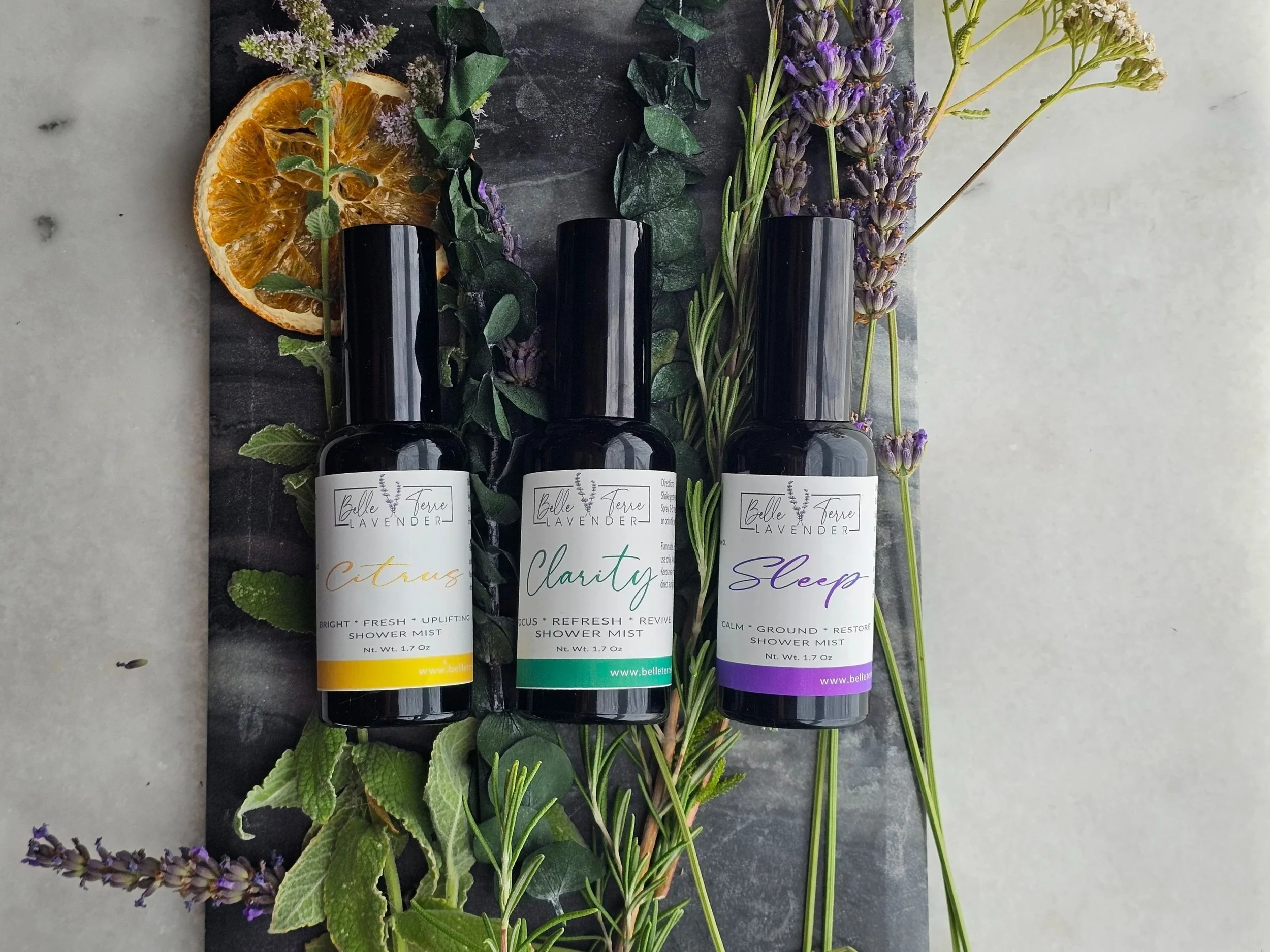 Belle Terre Lavender Shower and Linen Spray trio with dried orange and herbs