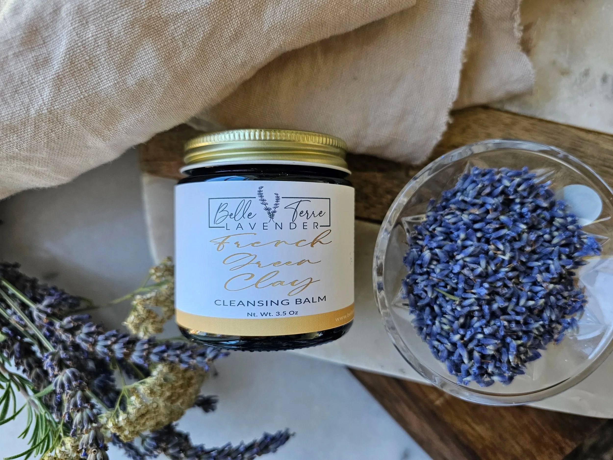 Belle Terre Lavender French Green Clay Cleansing Balm with dried lavender