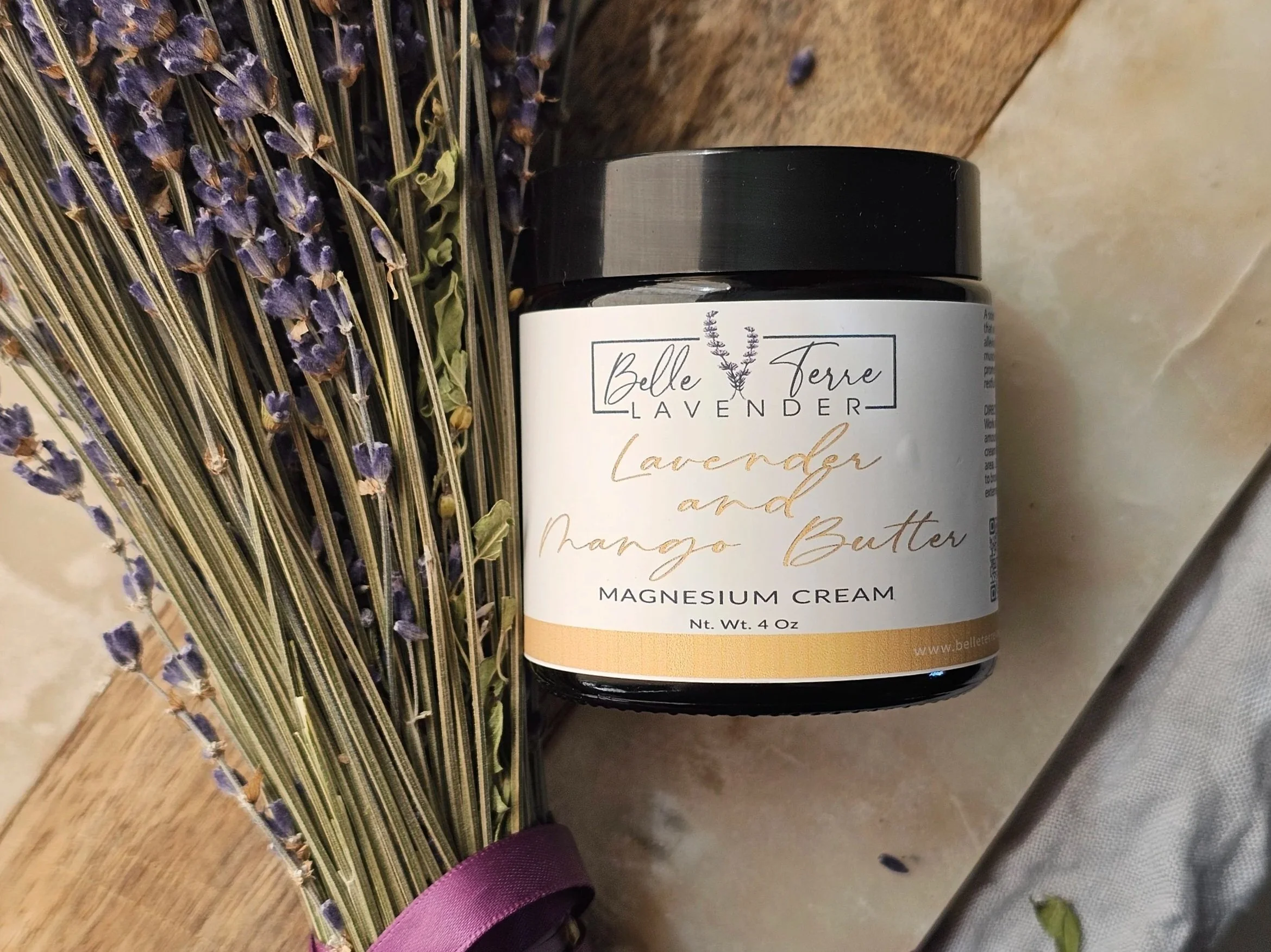 Belle Terre Lavender Magnesium Cream with dried lavender