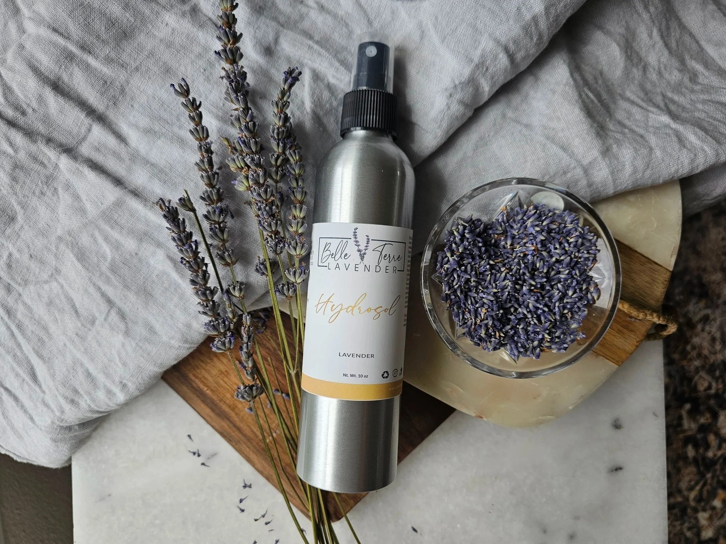Belle Terre Lavender Hydrosol 10 oz bottle with dried lavender