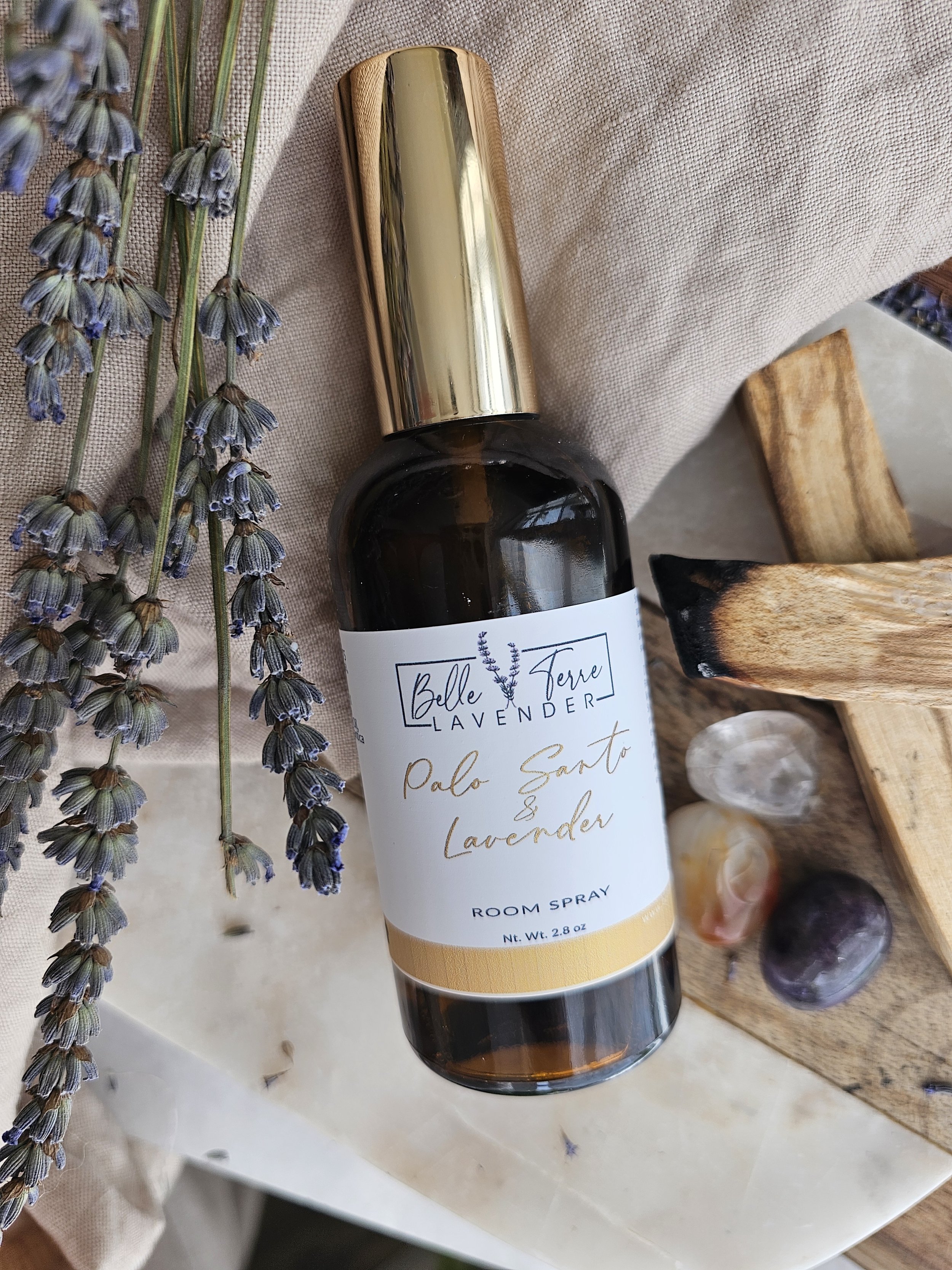 Belle Terre Lavender Palo Santo Room Spray with palo santo wood