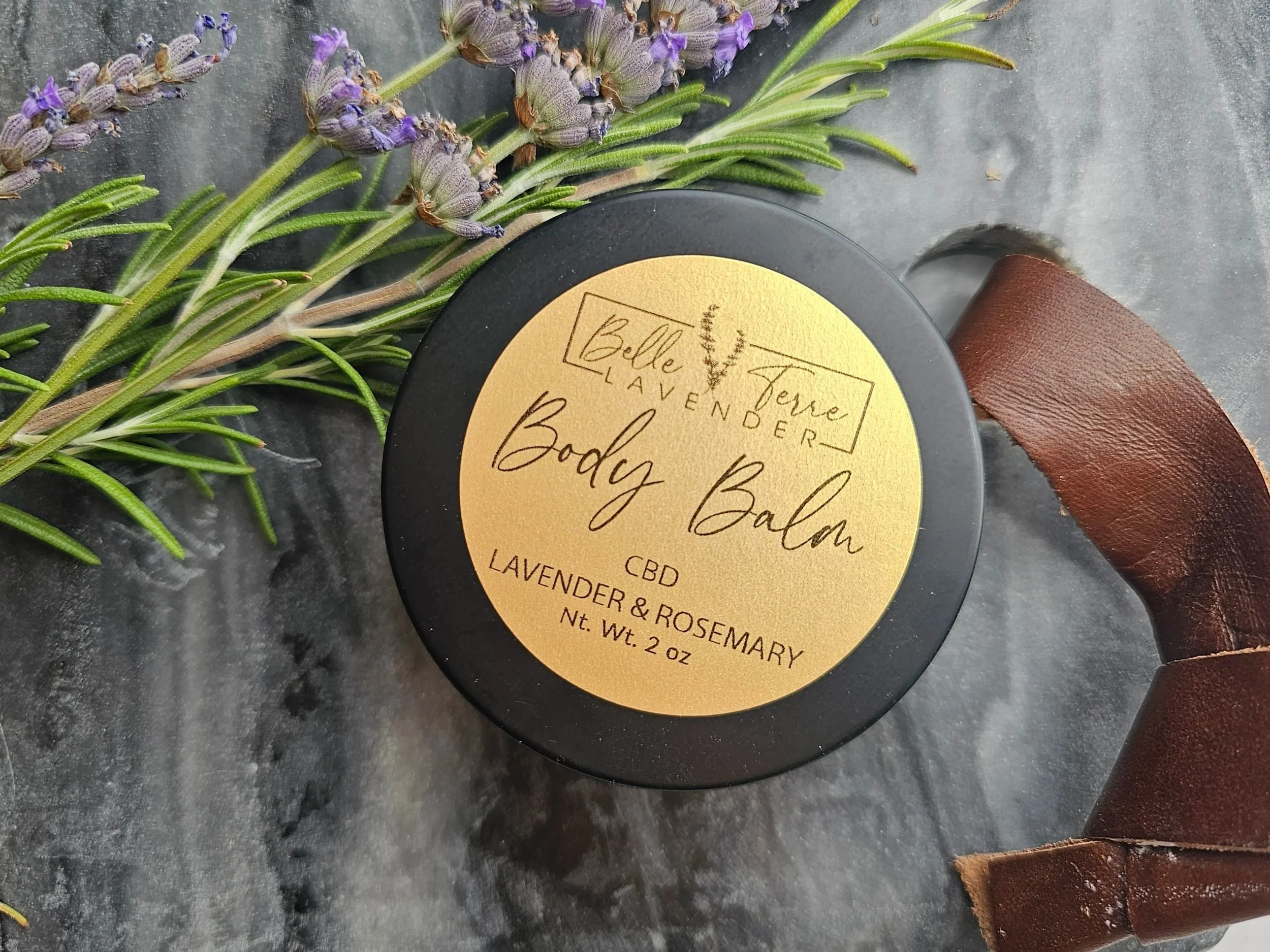 Belle Terre Lavender CBD Body Balm tin with lavender and rosemary