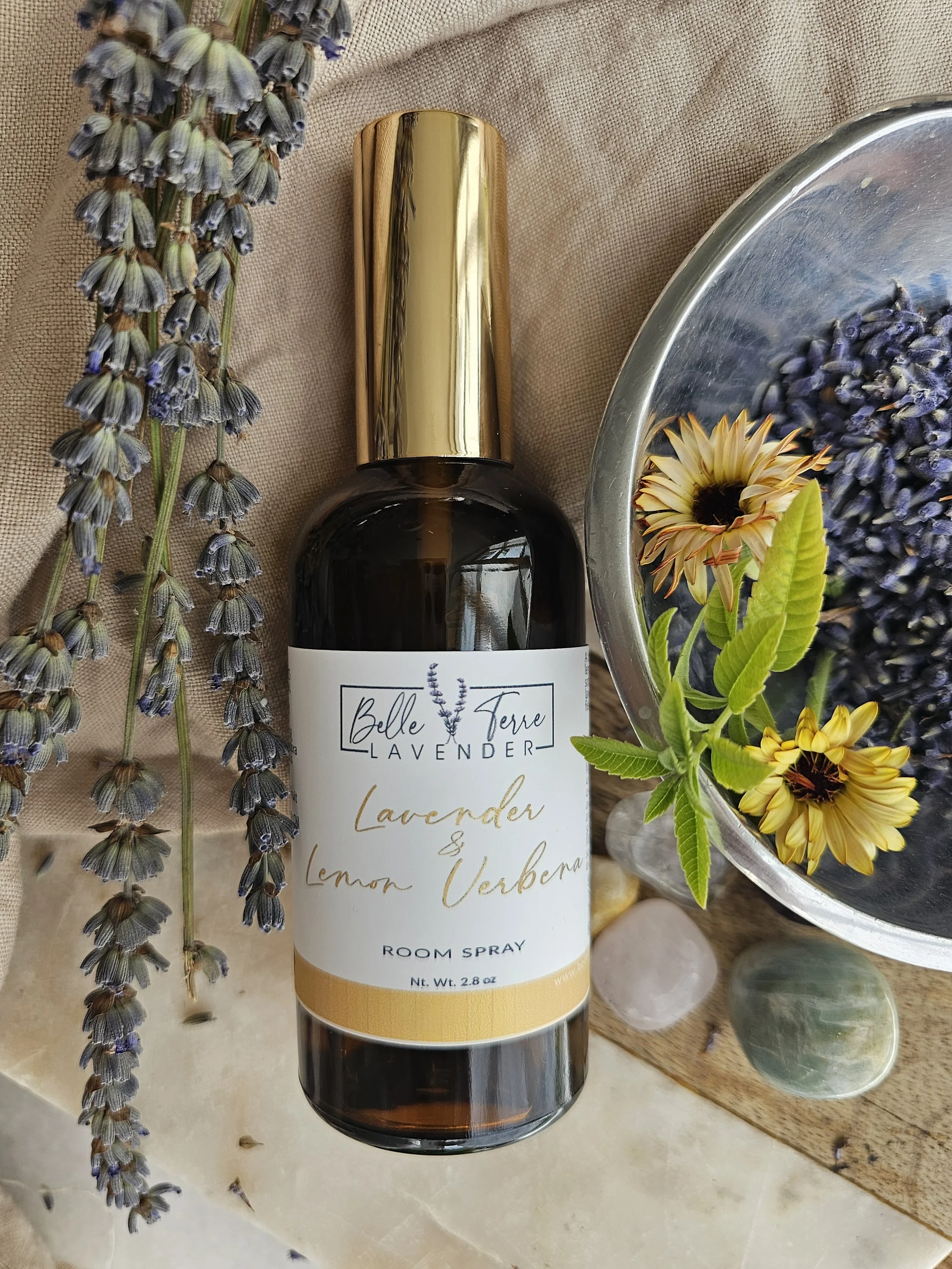 Belle Terre Lavender Lemon Verbena Room Spray with fresh flowers