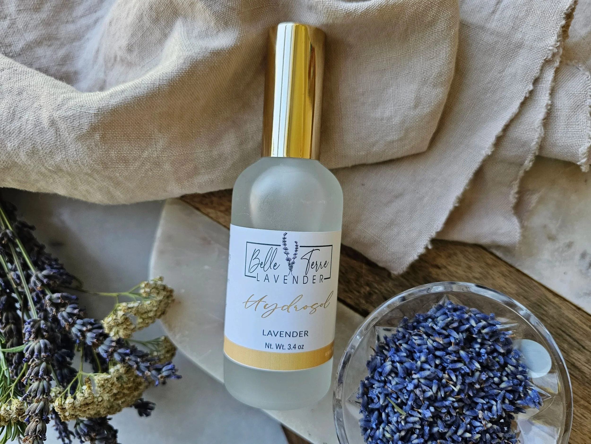 Belle Terre Lavender Hydrosol 3.4 oz bottle with dried lavender