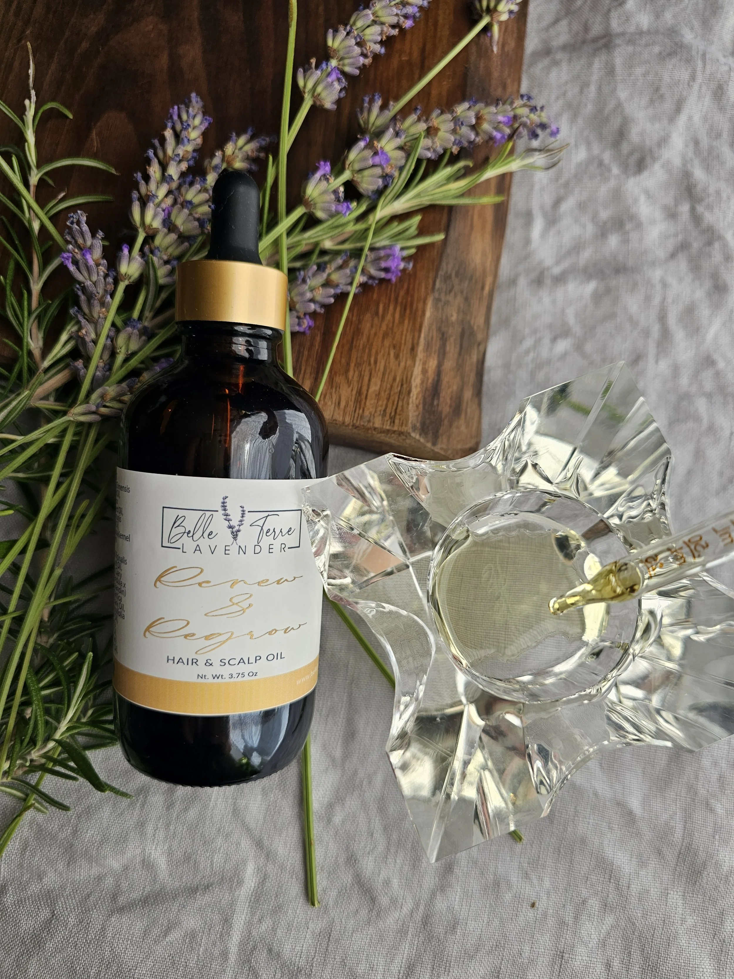 Belle Terre Lavender Hair and Scalp Oil with dropper and rosemary