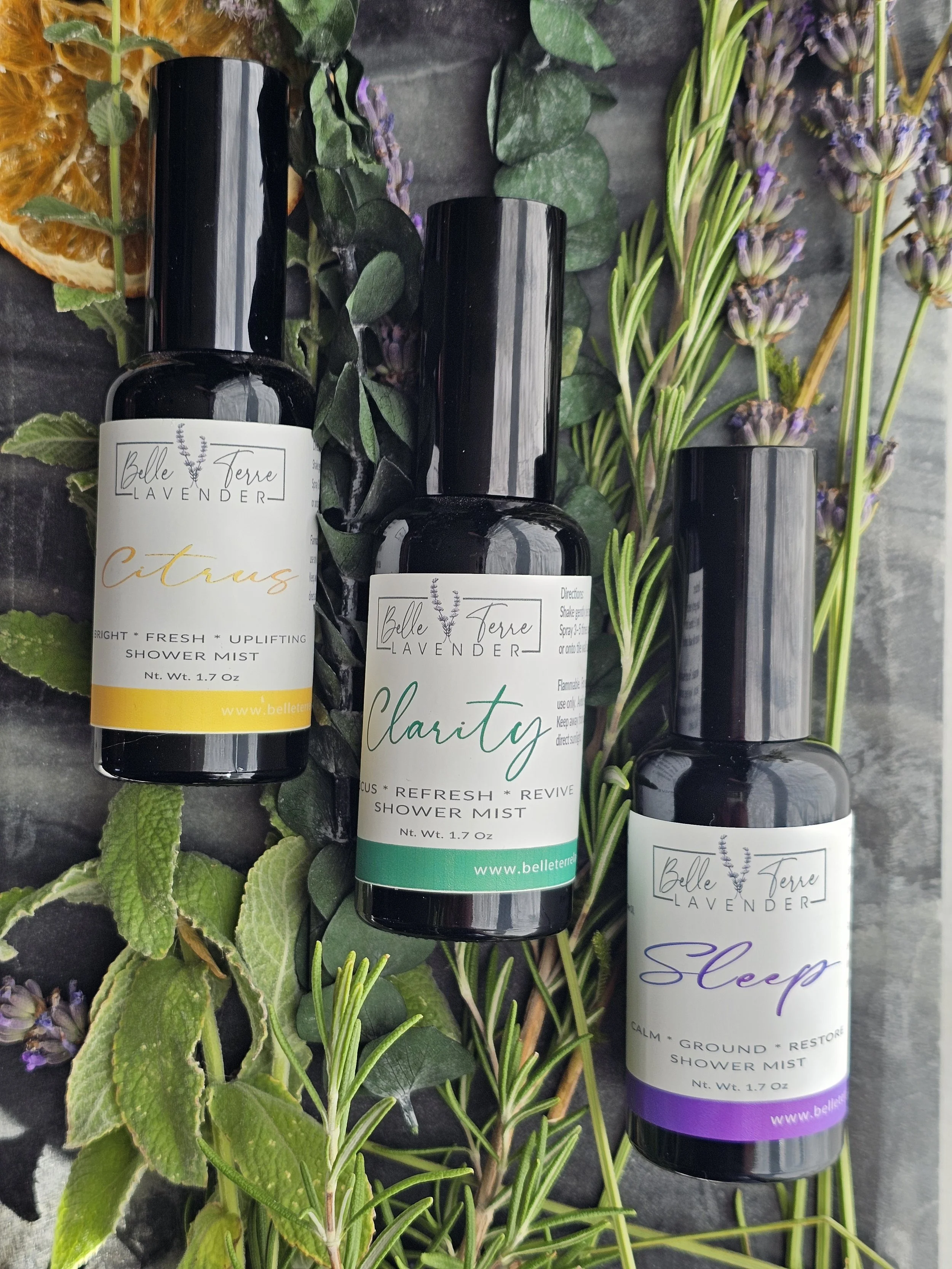 Belle Terre Lavender Citrus, Clarity, and Sleep Shower Spray with herbs