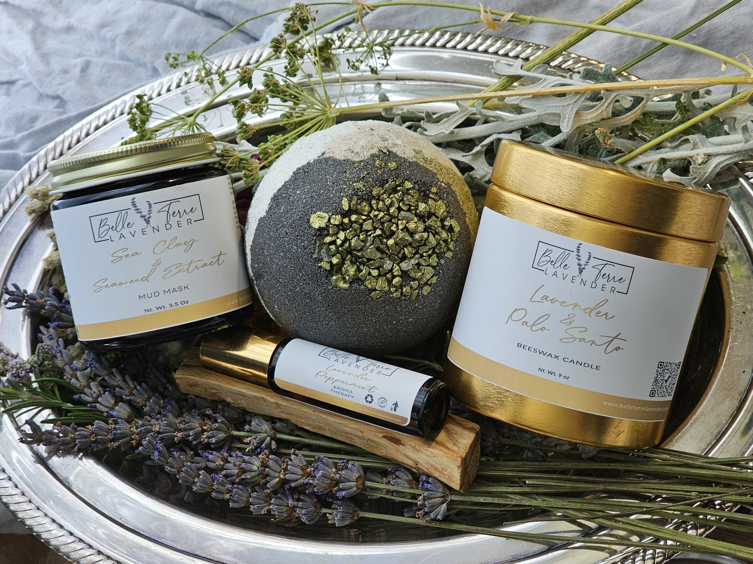 Belle Terre Lavender Day at the Spa Collection with dried lavender on silver tray