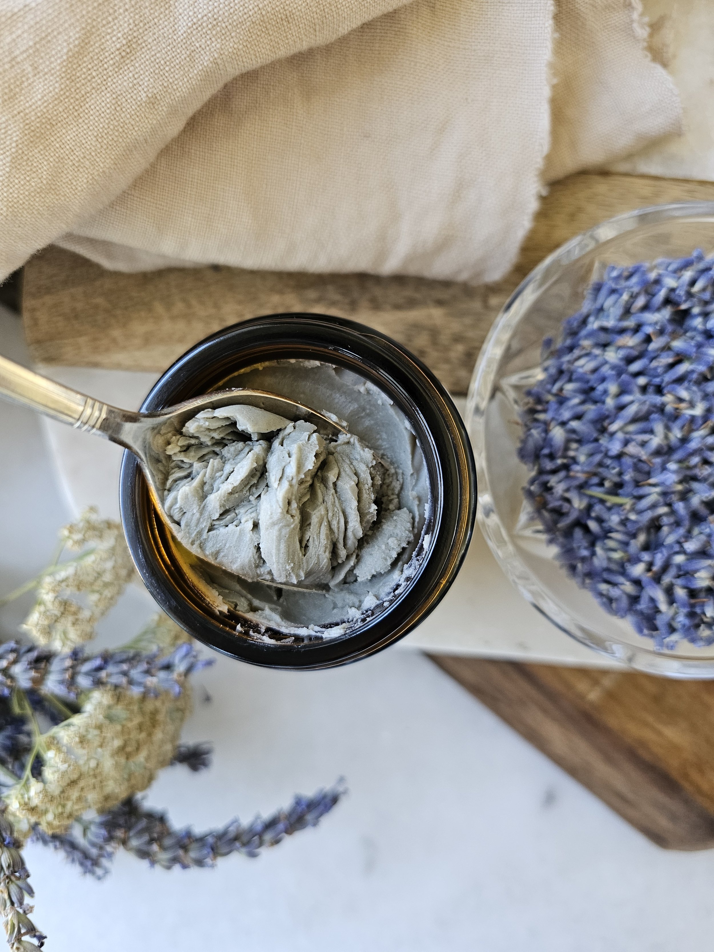 Belle Terre Lavender French Green Clay Cleansing Balm scooped from jar