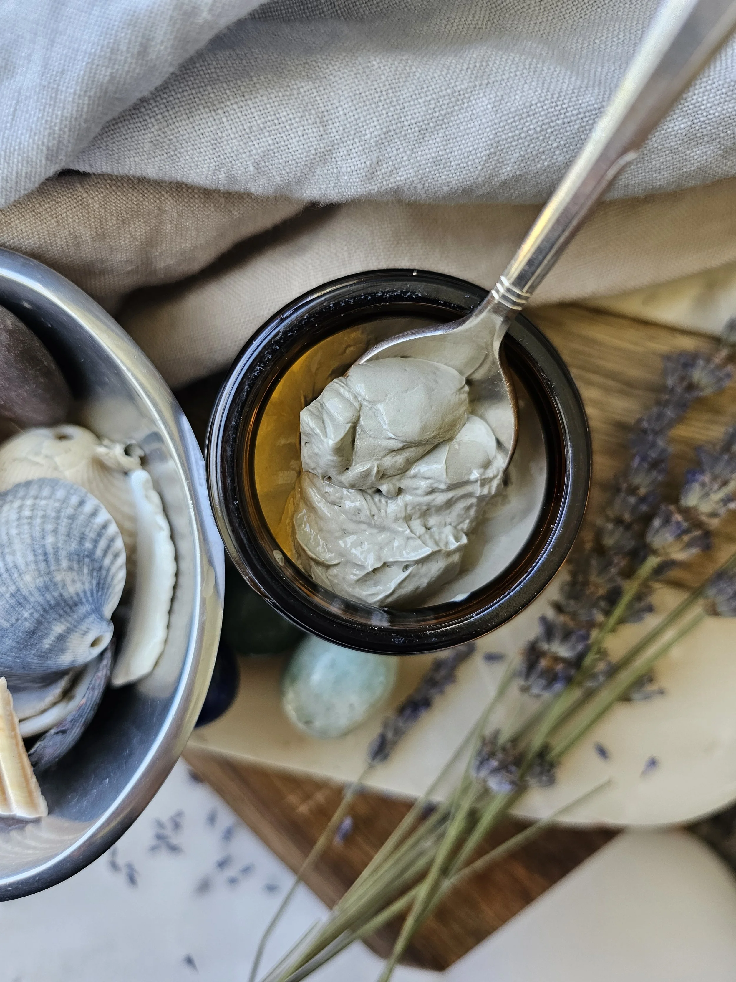 Belle Terre Lavender Sea Clay Seaweed Mud Mask scooped from jar
