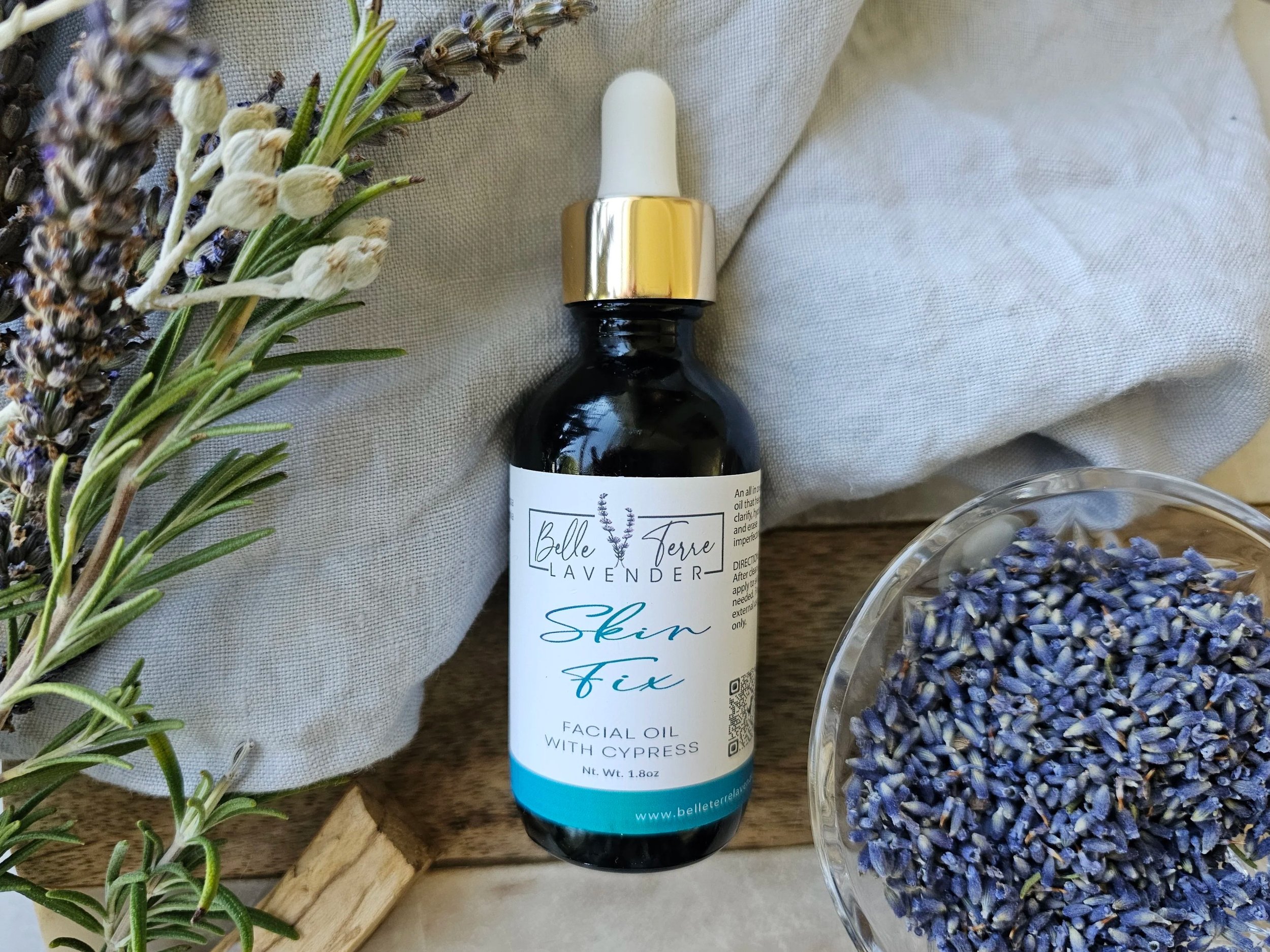 Belle Terre Lavender Skin Fix Cypress Facial Oil with rosemary and dried lavender