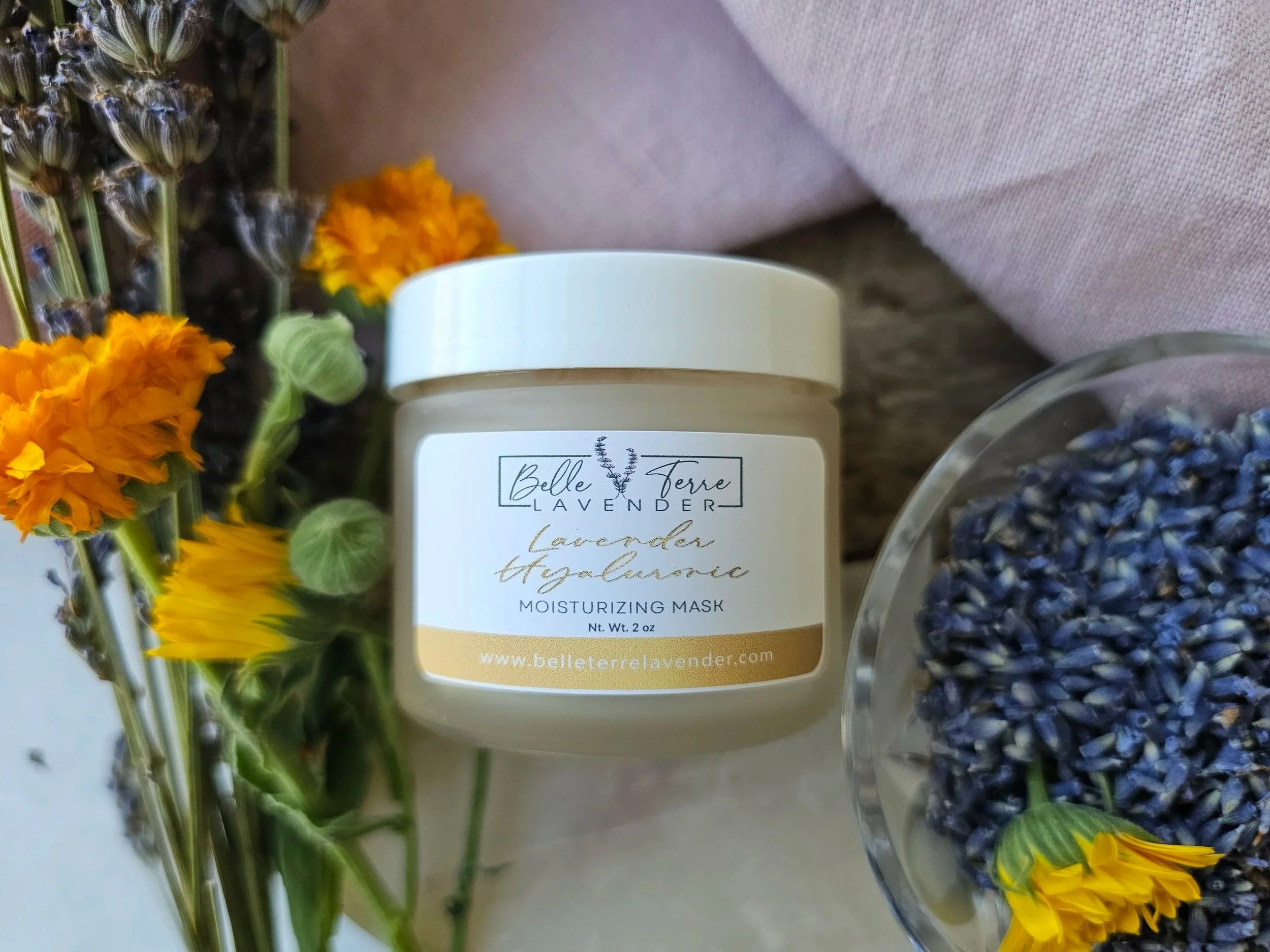 Belle Terre Lavender Hyaluronic Acid Moisturizing Mask with marigolds