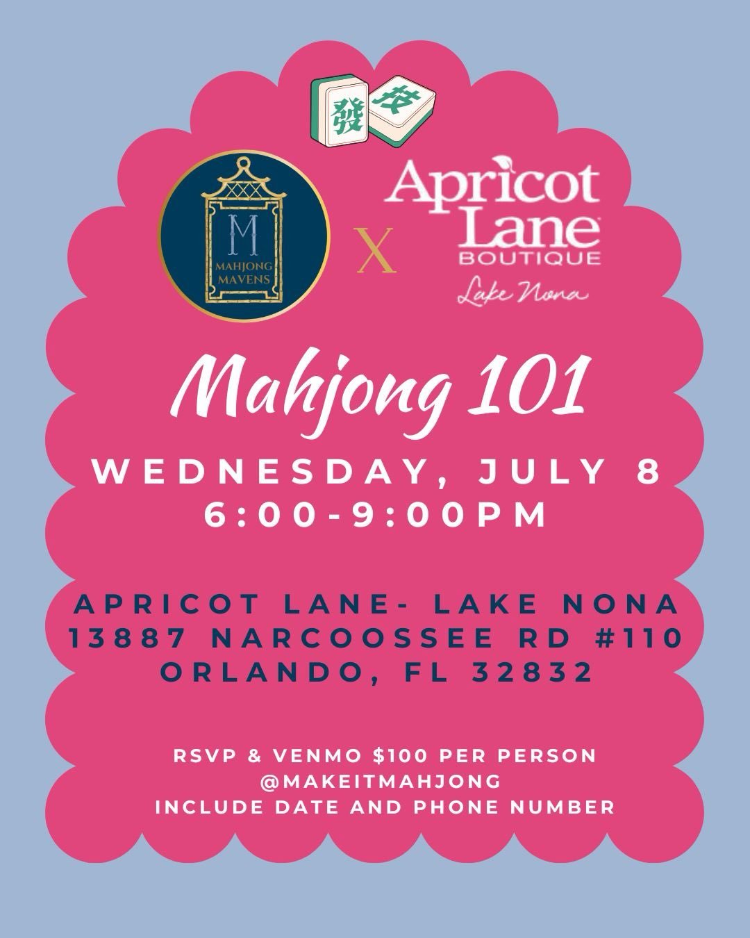 Calling Lake Nona (and beyond)!! Join us at Apricot Lane for a fun evening of Mahjong 101 - the game that&rsquo;s sweeping the nation. We bring everything you need to learn your new favorite pass time: the mats, the racks, the tiles, the pushers, and