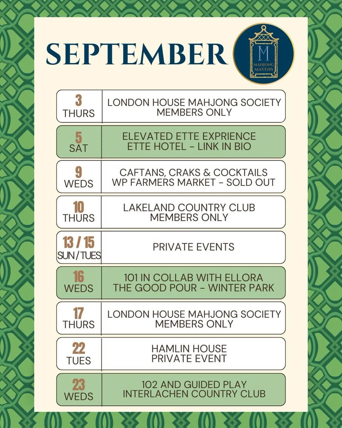 September events loading!!!! Events in green still have spaces available. High Tea at the ette hotel is available though the link in our bio (Linktree) and 101 at The Good Pour in Winter Park in collab with Ellora Mahjong is available directly on the