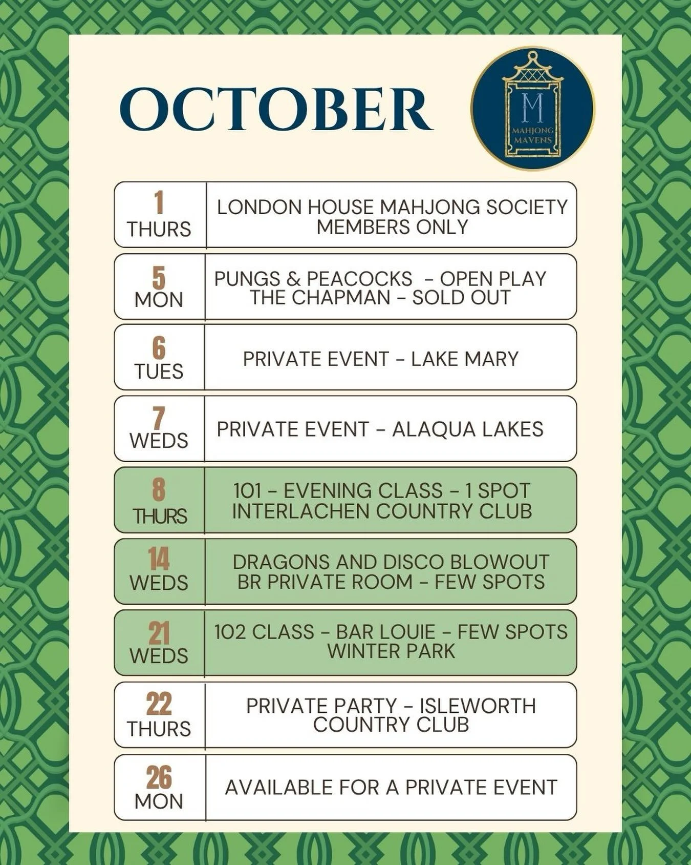 Here we go with October!! There are a handful of spots left for events in green, and we would love to see you at our tables!! Link to sign up in Bio!! 

Orlando Mahjong Lessons | Central Florida Mahjong | Orlando Mahjong Teacher | Mahjong Events | Ma