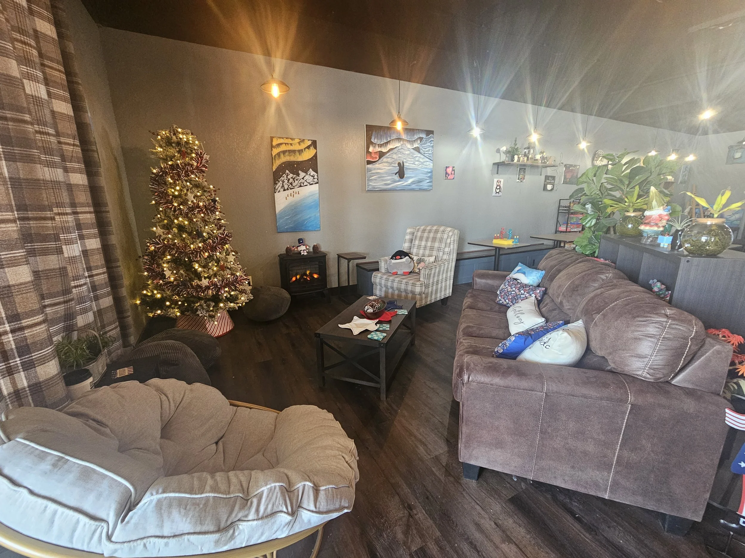 Living room decorated for Christmas with a lit Christmas tree, paintings on the wall, a plaid curtain, a cozy armchair, a sofa with pillows, a table with games, and houseplants.