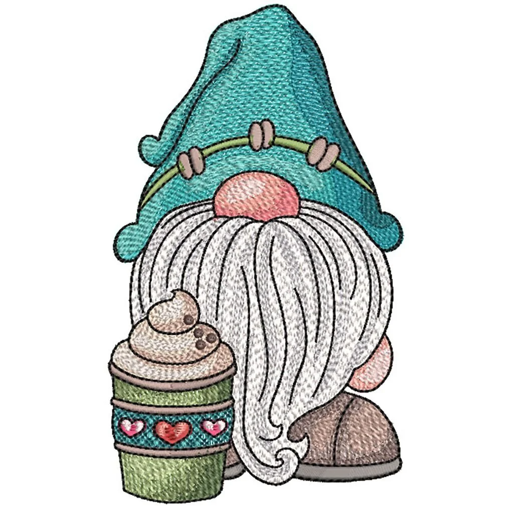 Embroidery of a gnome with a large white beard, wearing a blue hat and brown shoes, holding a green coffee cup with hearts, isolated on white background.
