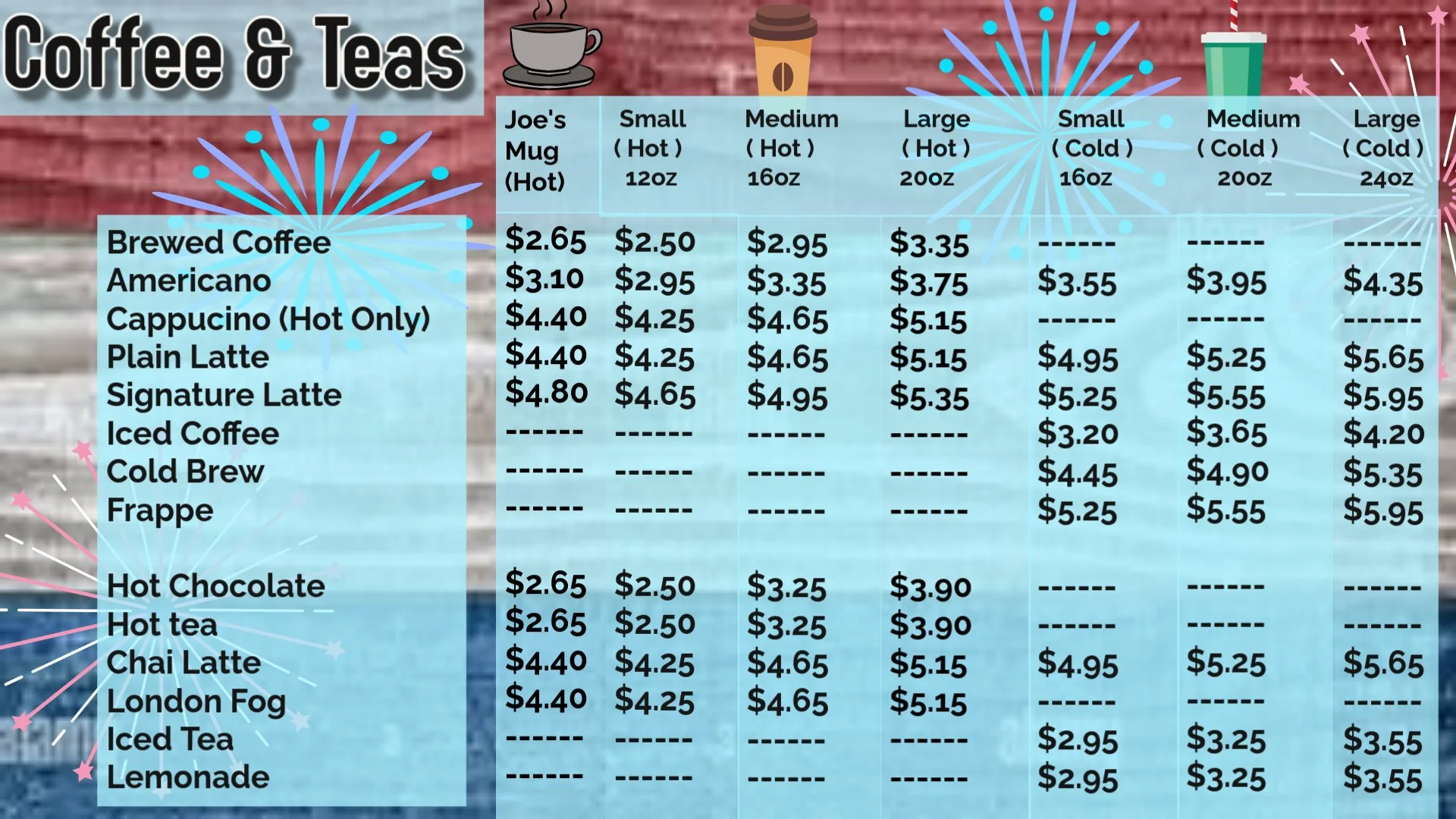 Coffee and tea menu with prices for different sizes and types of hot and cold beverages, including brewed coffee, americano, cappuccino, latte, iced coffee, cold brew, frappé, hot chocolate, hot tea, chai latte, and London fog, displayed on a light blue background with festive rocket and star decorations.