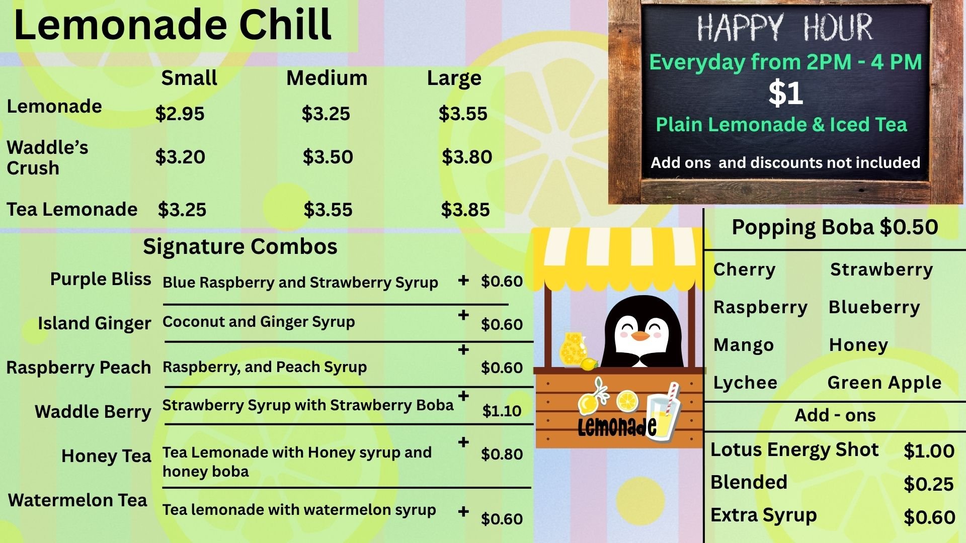 Menu offering various lemonade flavors and add-ons, with prices for small, medium, and large sizes, an animated stand illustration, and a blackboard advertising happy hour from 2 PM to 4 PM for $1.