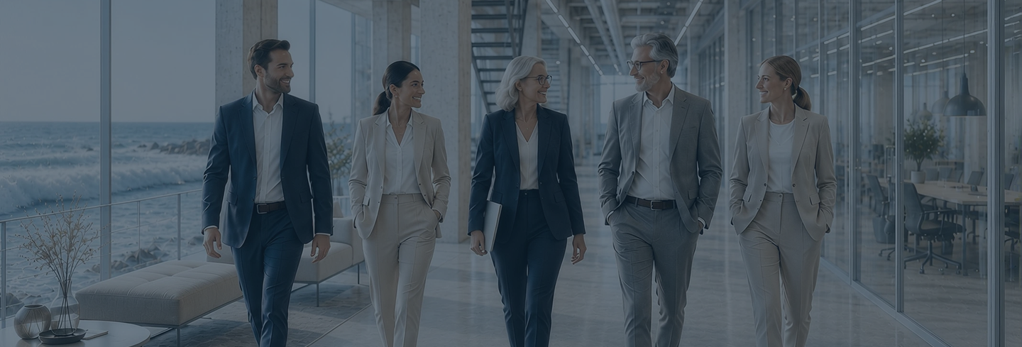 Five business professionals walking and talking inside a modern office with glass walls and ocean view.