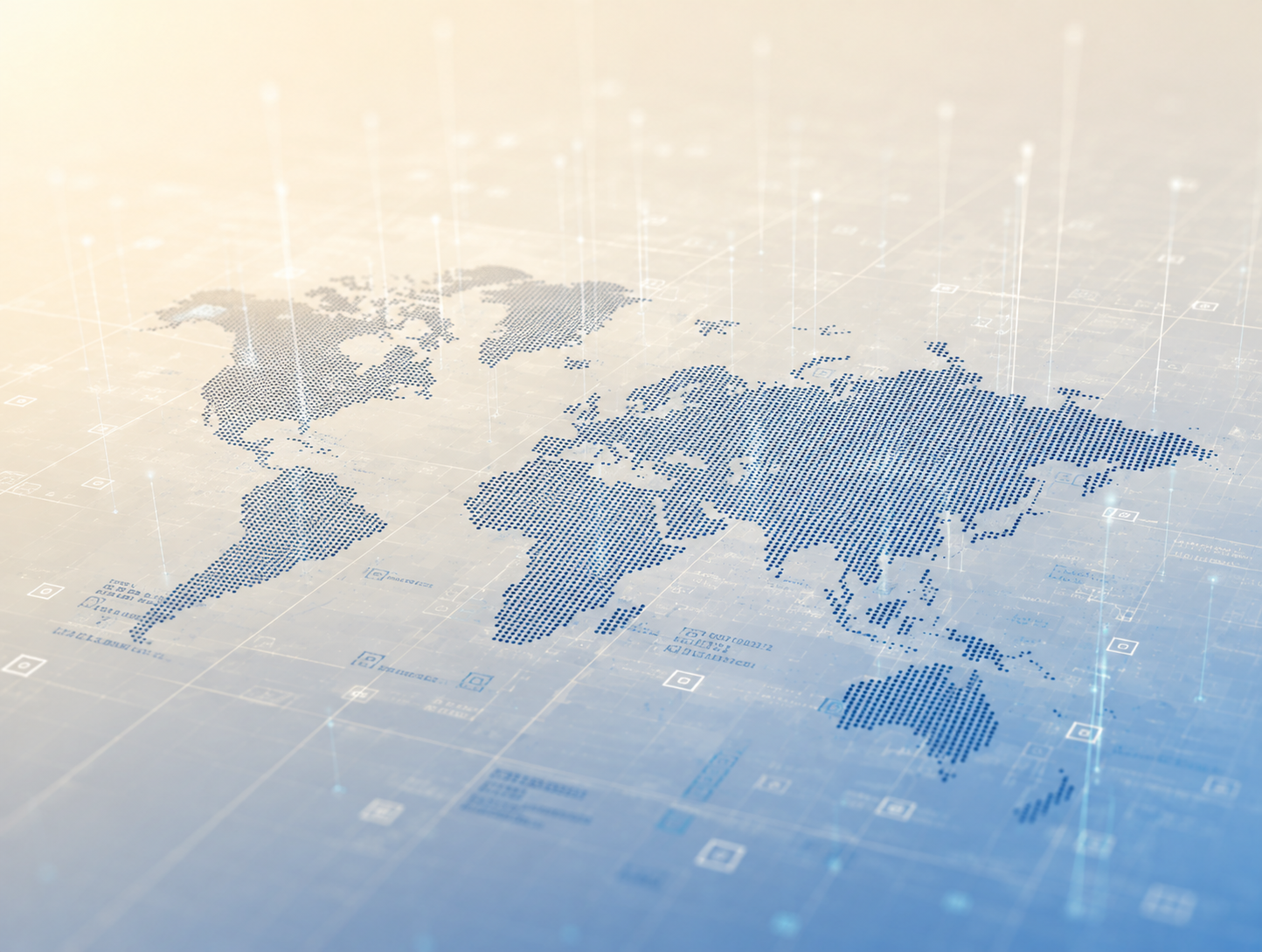 Digital world map with dotted continents and data lines on a technological background.