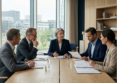 Five professionals in a business meeting around a conference table, with three men on one side and two women on the other, discussing documents in a modern office with large windows.