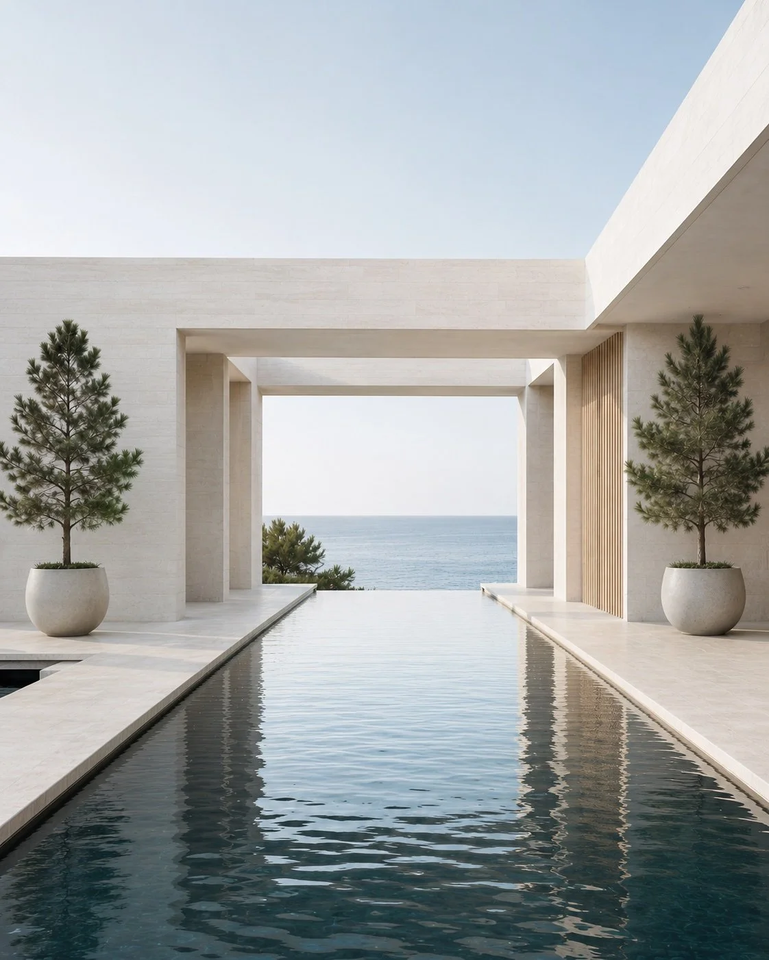 Modern architectural structure with two potted trees, a pool reflecting the sky, and a view of the ocean in the distance under a clear sky.