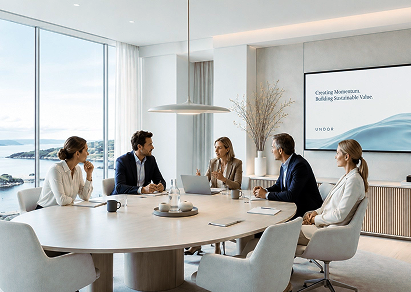 Business meeting in a modern conference room with five people seated around a large oval table, a large window showing a body of water outside, and a wall-mounted screen displaying a presentation.