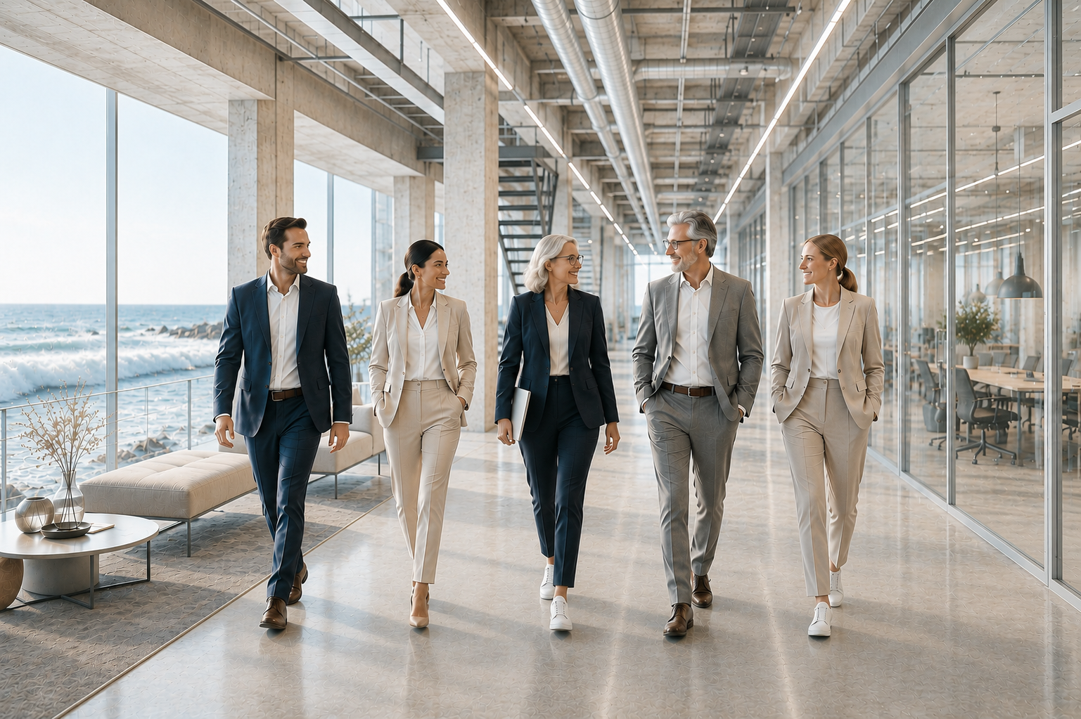 Six businesspeople walking and talking in a modern office with large windows overlooking the ocean, dressed in formal and business casual attire.
