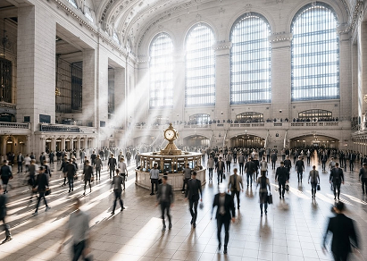 People walking through a grand train station with large arched windows and bright natural light.