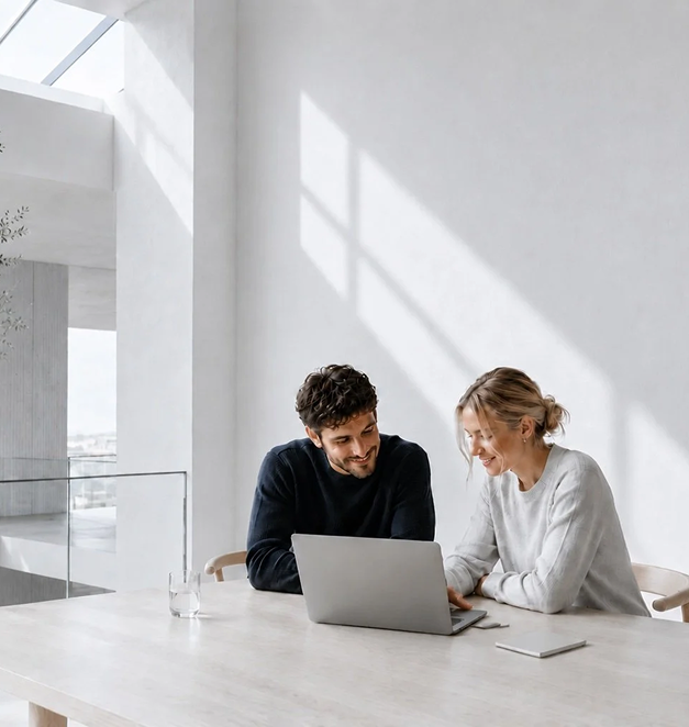 Two people sitting at a light-colored table working on a laptop in a bright, modern space with white walls and large windows.