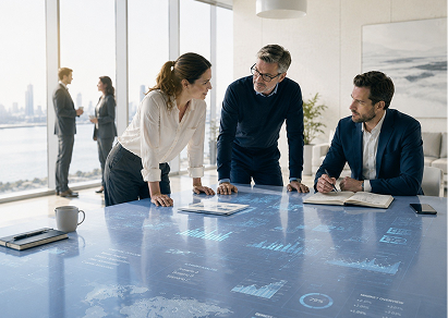 Three professionals discussing over a transparent digital table with charts and data in a modern office with large windows and city views.