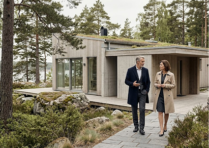 A man and a woman walking and talking outside a modern house in a natural setting with trees and rocks.