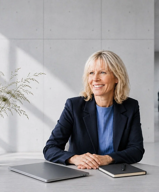 Smiling woman in a navy blazer sitting at a desk with a closed laptop and notebook in a modern office setting.