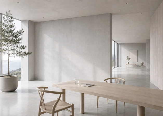 Minimalist interior with a large wooden table, two chairs, a potted tree, and tall windows in a modern, bright space.