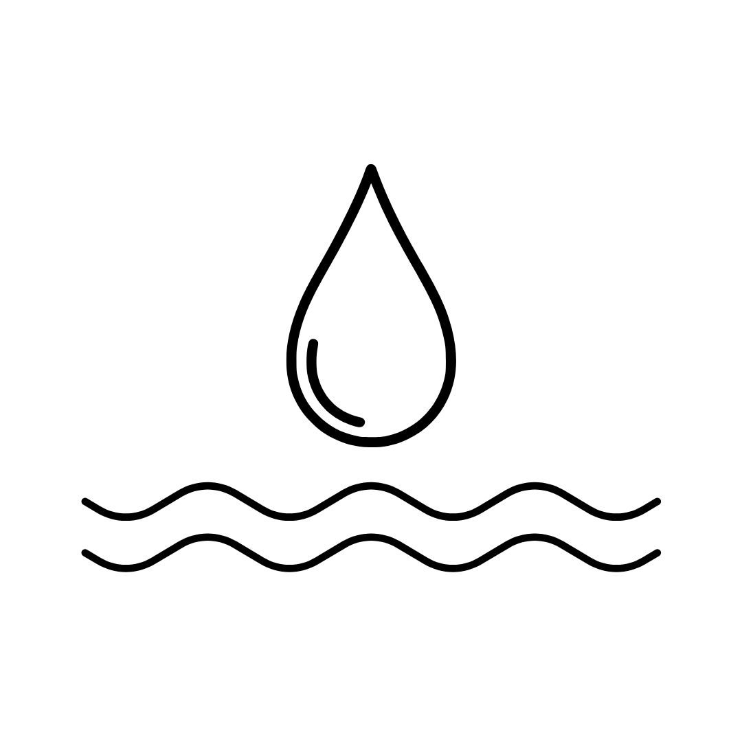 A water droplet above three wavy lines, representing the distillation process.